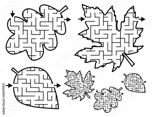 Autumn leaves shaped mazes or labyrinths. Answers included.
