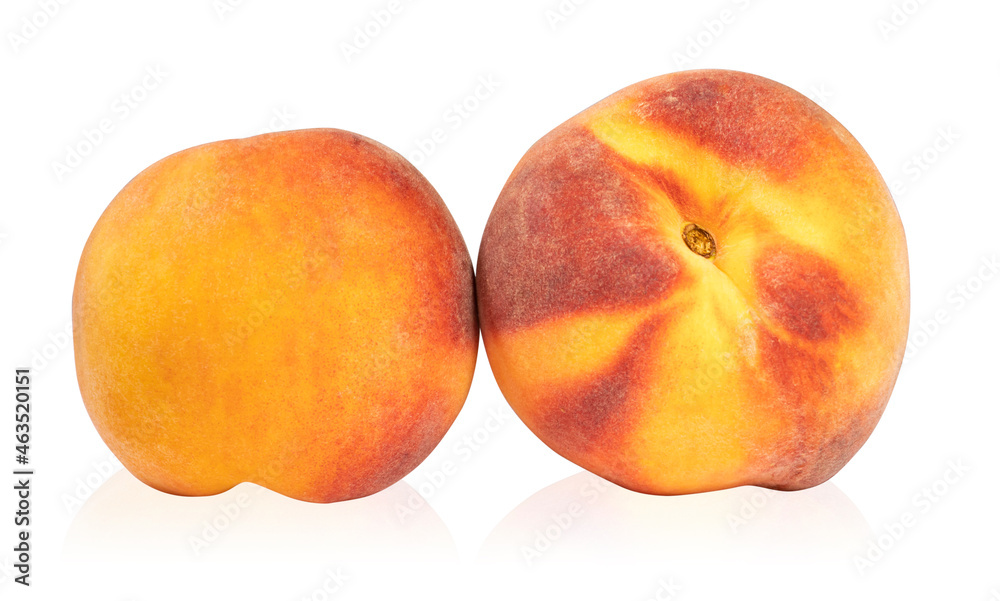 Two peaches isolated on a white background.Ripe, juicy fruits on a white background.They are used for labels, banners and web design. Two peaches isolated on a white background.Ripe, juicy fruits on a white background.They are used for labels, banners and web design.