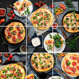 Collage made of delicious fresh pizzas variety with different souces and vegetables