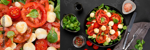 Collage of delicious Italian caprese salad with sliced tomatoes and mozzarela on dark background.