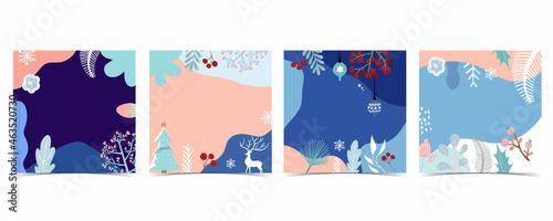 Collection of winter background set with tree,raindeer,flower,leaves.Editable vector illustration for christmas invitation,postcard and website banner