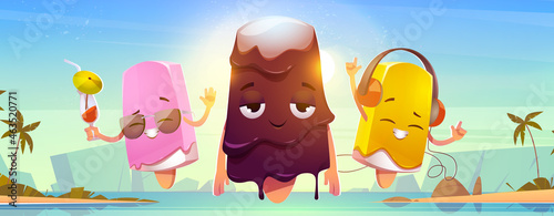 Ice cream characters on summer sea beach. Funny popsicle eskimo pies with kawaii face express emotions, listen music, melting on heat, wear sunglasses and drinking cocktail cartoon vector illustration