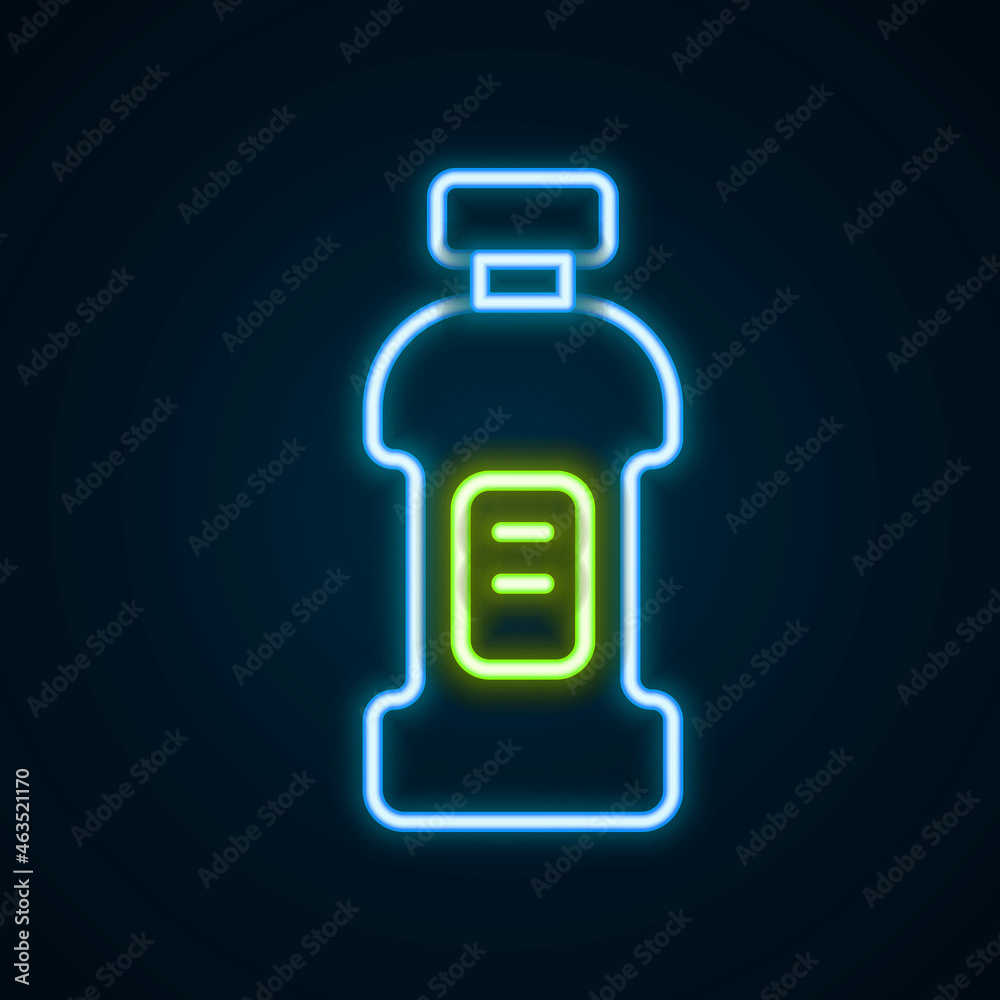 Glowing neon line Plastic bottle for laundry detergent, bleach, dishwashing liquid or another cleaning agent icon isolated on black background. Colorful outline concept. Vector Glowing neon line Plastic bottle for laundry detergent, bleach, dishwashing liquid or another cleaning agent icon isolated on black background. Colorful outline concept. Vector