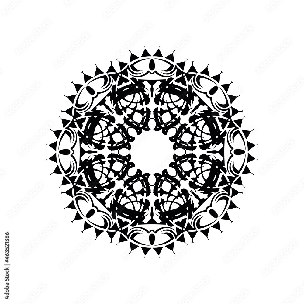 Round mandala. Black and white oriental pattern. Ethnic motif. Coloring. Tattoo template, henna ornament. Psychedelic vector.