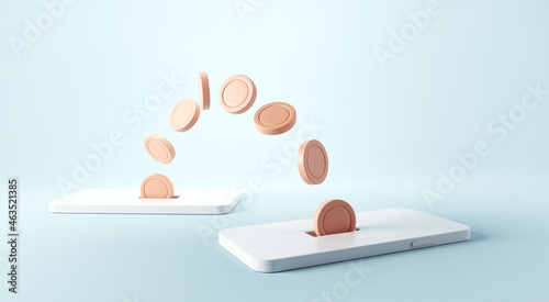 Money transfer on smartphones. Coins moving from one mobile phone to other. Sending and receiving money wirelessly, 3d render. Mobile wallet