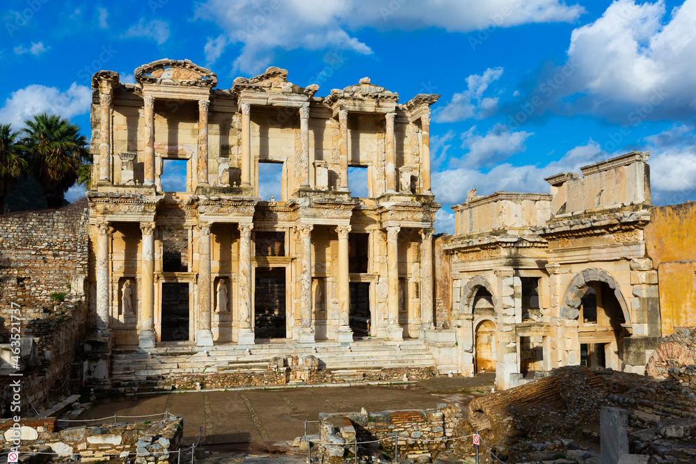 Ruins of Celsius Library and gate of Augustus in Ephesus in ancient city Ephesus. Turkey