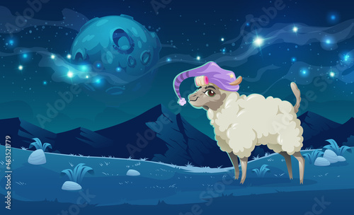 Cute alpaca in sleeping hat on meadows in peruvian mountains at night. Vector cartoon illustration of funny llama with hair curlers and landscape with rocks, grass, moon and stars in sky