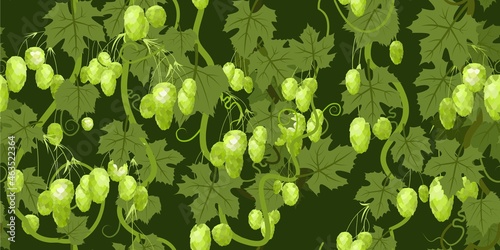 Hop. Thick branches overgrown. Sagging shoots with leaves. Wild nature. Seamless dark pattern. Square illustration. Vector.