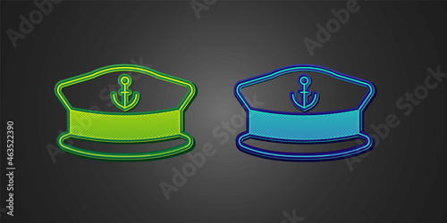 Green and blue Captain hat icon isolated on black background. Vector