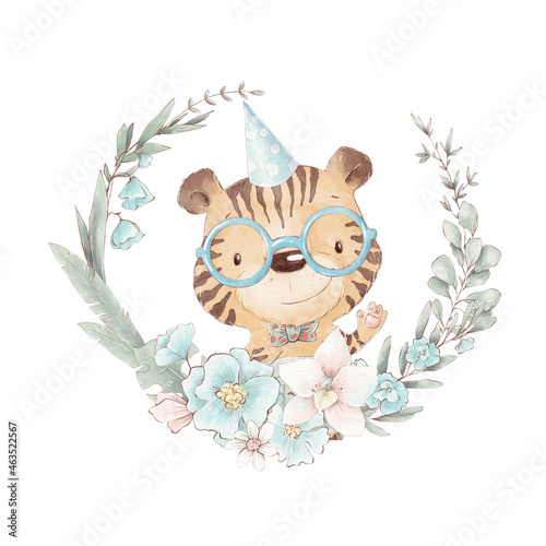 Set of cute cartoon tiger cub in a floral frame. Watercolor illustration