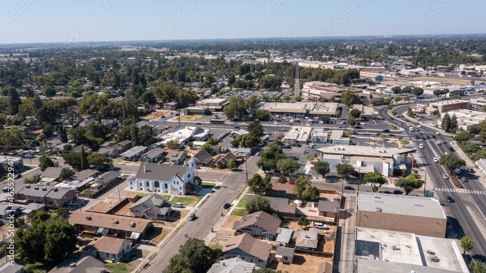 Daytime aerial view of the urban core of downtown Turlock, California, USA.