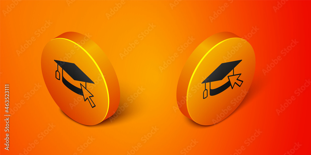 Isometric Graduation cap with cursor icon isolated on orange background. World education symbol. Online learning or e-learning concept. Orange circle button. Vector Isometric Graduation cap with cursor icon isolated on orange background. World education symbol. Online learning or e-learning concept. Orange circle button. Vector