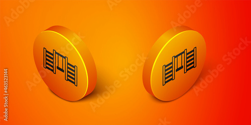 Isometric Wooden Swedish wall icon isolated on orange background. Swedish stairs. Orange circle button. Vector