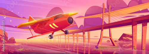 Small airplane flying at sunset ocean landscape with bridge. Crop duster plane fly over sea surface in beautiful dusk cloudy sky. Private or touristic aircraft travel, Cartoon vector illustration