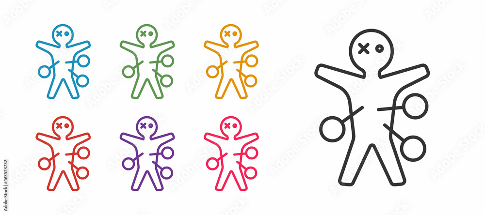 Fototapeta premium Set line Voodoo doll icon isolated on white background. Happy Halloween party. Set icons colorful. Vector