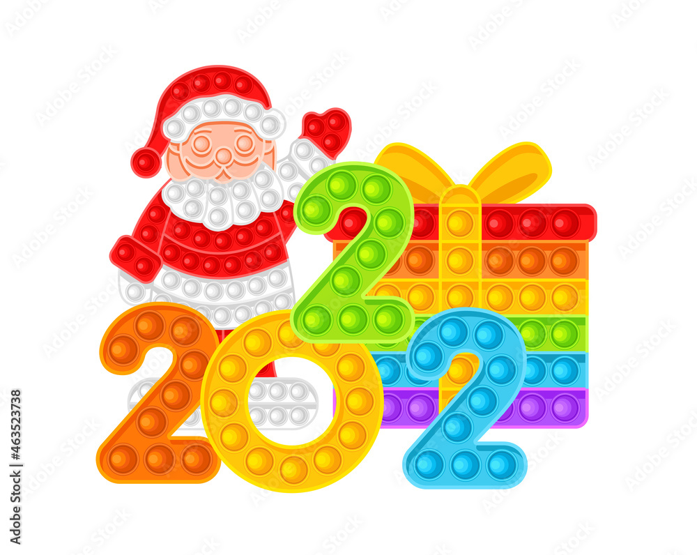 Gifts, Santa Claus and colored numbers 2022. Symbols of the New Year, anti-stress toy. Vector illustration Gifts, Santa Claus and colored numbers 2022. Symbols of the New Year, anti-stress toy. Vector illustration