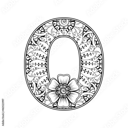 Letter O made of flowers in mehndi style. coloring book page. outline hand-draw vector illustration.