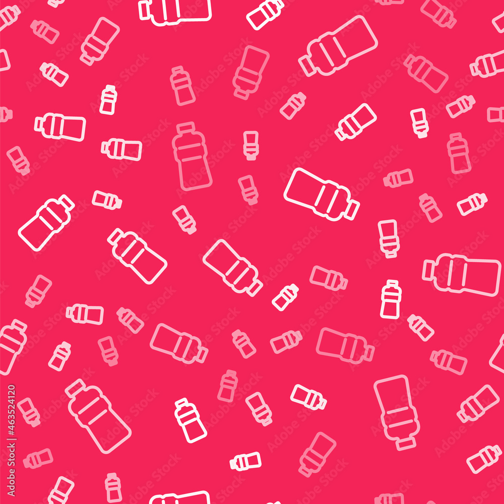 White line Bottle of water icon isolated seamless pattern on red background. Soda aqua drink sign. Vector White line Bottle of water icon isolated seamless pattern on red background. Soda aqua drink sign. Vector