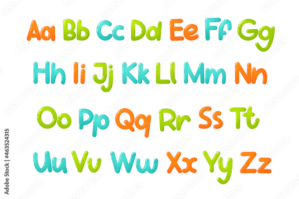 Colorful children font. Glossy kids alphabet in cartoon style. Vector typography for school, preschool and kindergarten design.