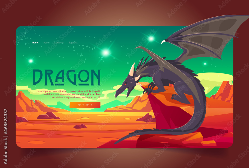 Dragon cartoon landing page. Magic powerful character sitting on rock at deserted alien planet landscape with red mountains and green sky. Fantasy creature, fairytale game or book, Vector web banner - obrazy, fototapety, plakaty 