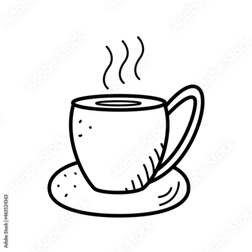 A cup with a saucer of coffee or hot tea icon  vector illustration of a doodle. Concept warming drink.