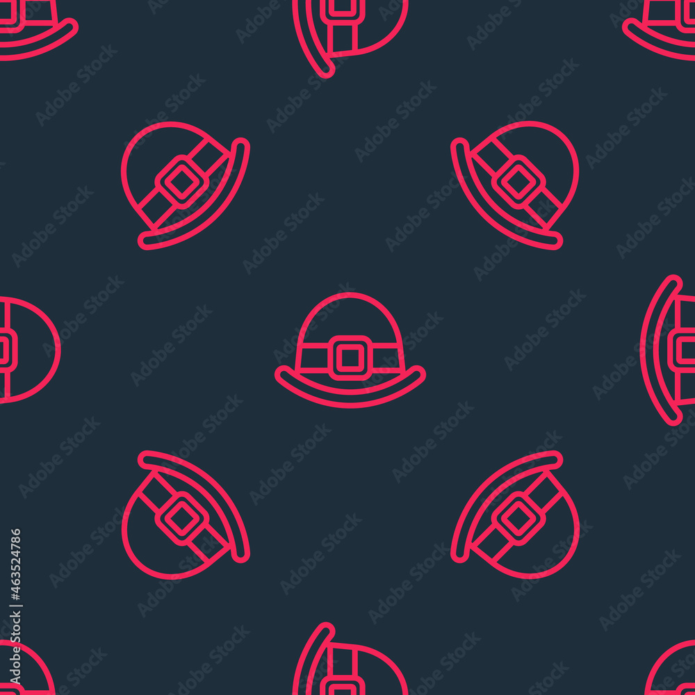 Red line Leprechaun hat icon isolated seamless pattern on black background. Happy Saint Patricks day. National Irish holiday. Vector