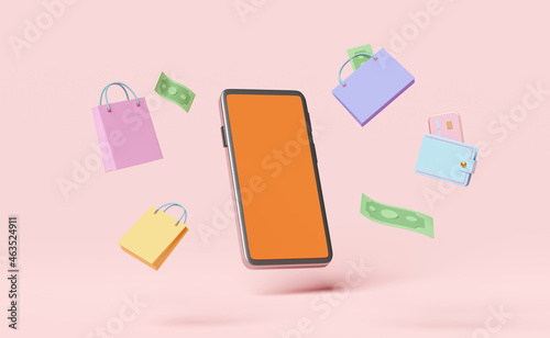 wallet and orange mobile phone,smartphone with banknote,credit card,shopping paper bags isolated on pink background.saving money concept,3d illustration,3d render