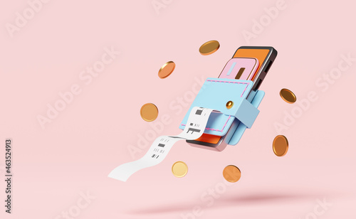 wallet and orange mobile phone,smartphone with coins,credit card, invoice,paper receipt,electronic bill payment isolated on pink background.saving money concept,3d illustration,3d render