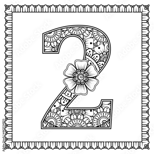 Number 2 with Mehndi flower. decorative ornament in ethnic oriental style. coloring book page. 