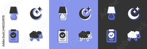 Set Sheep, Table lamp, Medical prescription and Moon and stars icon. Vector