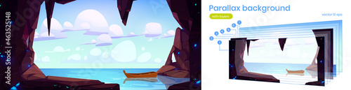 Parallax background cave seaview 2d landscape with wood boat float on water surface. Cartoon nature scenery view with hole in rock, ocean and clouds in blue sky separated layers, Vector game scene