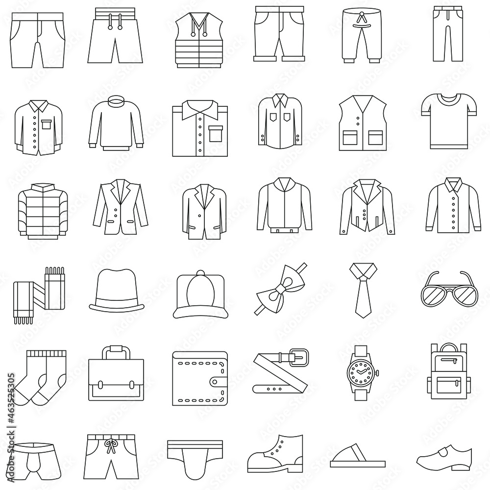 Outline Male clothes and accessories flat vector icon collection set Outline Male clothes and accessories flat vector icon collection set