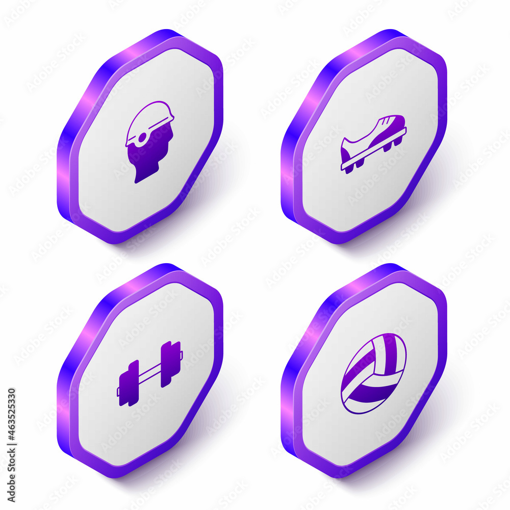 Set Isometric Baseball helmet, Football shoes, Dumbbell and Volleyball icon. Purple hexagon button. Vector