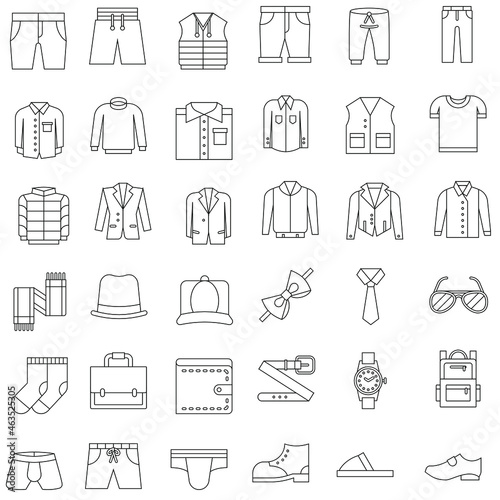 Outline Male clothes and accessories flat vector icon collection set