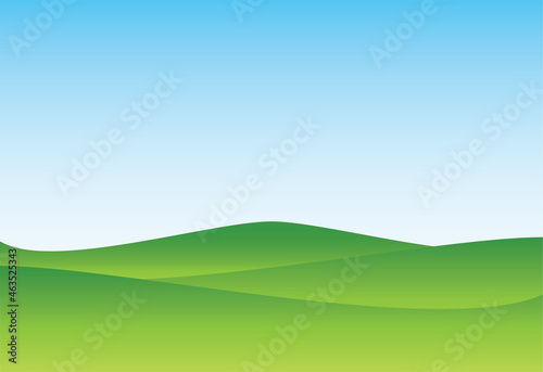 Green nature landscape and blue sky.Field and meadow.Hills and grass.Park or outdoor.Golf courses.Summer background.Garden or turf.Farm and countryside scenery.Cartoon vector illustration.Wallpaper.