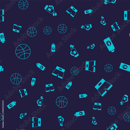 Set Basketball ball, Fitness shaker, Golf bag with clubs and Boxing short on seamless pattern. Vector