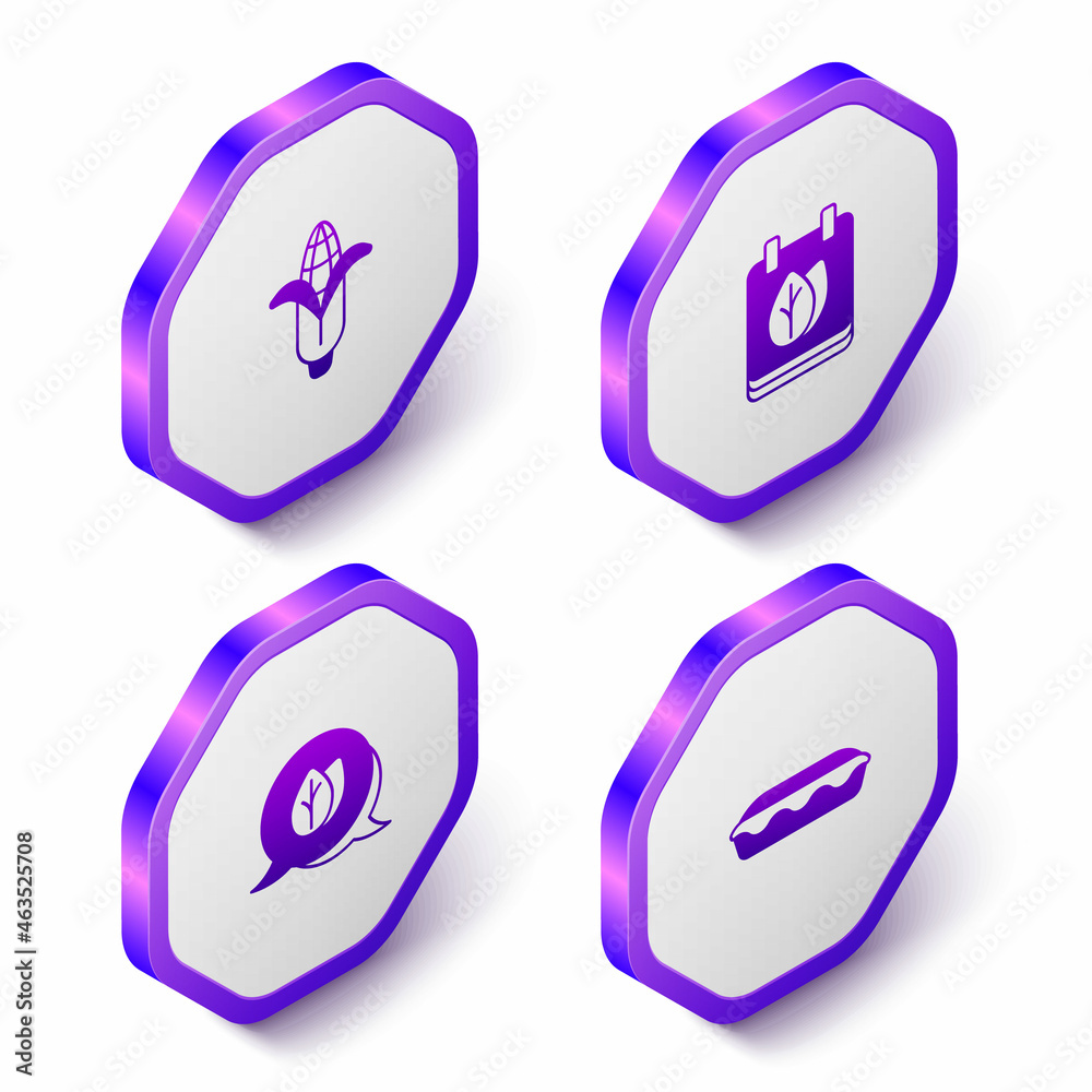 Set Isometric Corn, Calendar with autumn leaves, Leaf and Homemade pie icon. Purple hexagon button. Vector Set Isometric Corn, Calendar with autumn leaves, Leaf and Homemade pie icon. Purple hexagon button. Vector