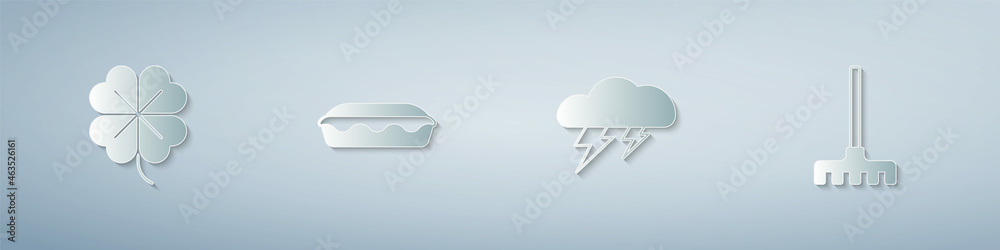 Set Four leaf clover, Homemade pie, Cloud and lightning and Garden rake. Paper art style. Vector Set Four leaf clover, Homemade pie, Cloud and lightning and Garden rake. Paper art style. Vector