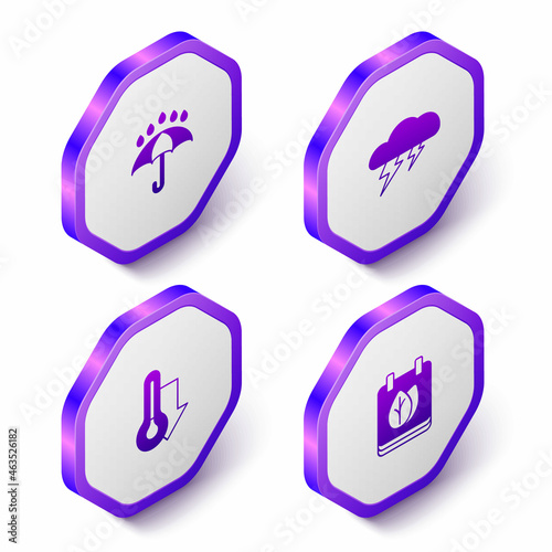 Set Isometric Umbrella and rain drops, Cloud lightning, Thermometer and Calendar with autumn leaves icon. Purple hexagon button. Vector