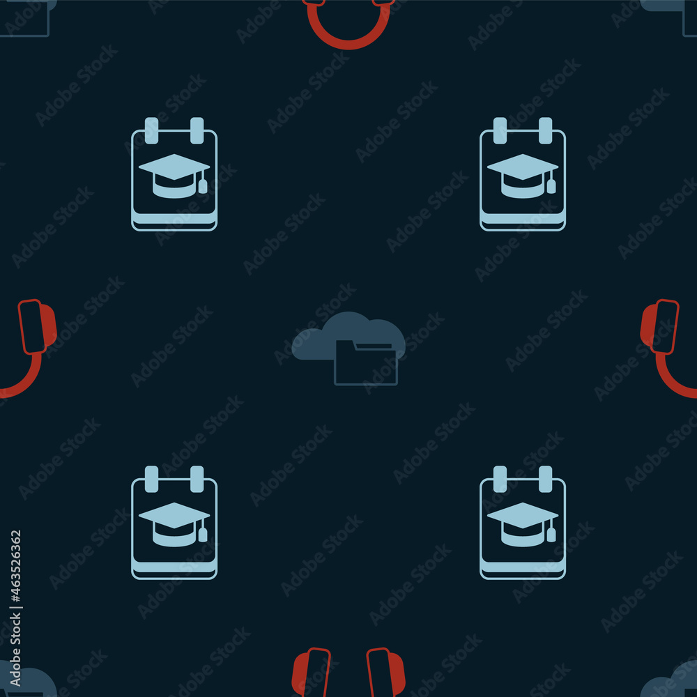 Set Headphones, Cloud or online library and Online education on seamless pattern. Vector Set Headphones, Cloud or online library and Online education on seamless pattern. Vector