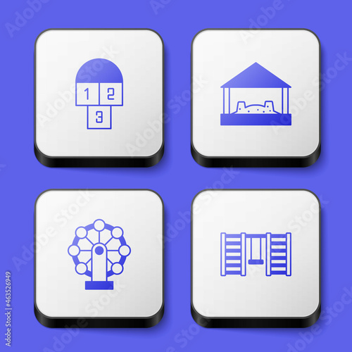Set Hopscotch, Sandbox with sand, Ferris wheel and Swedish wall icon. White square button. Vector