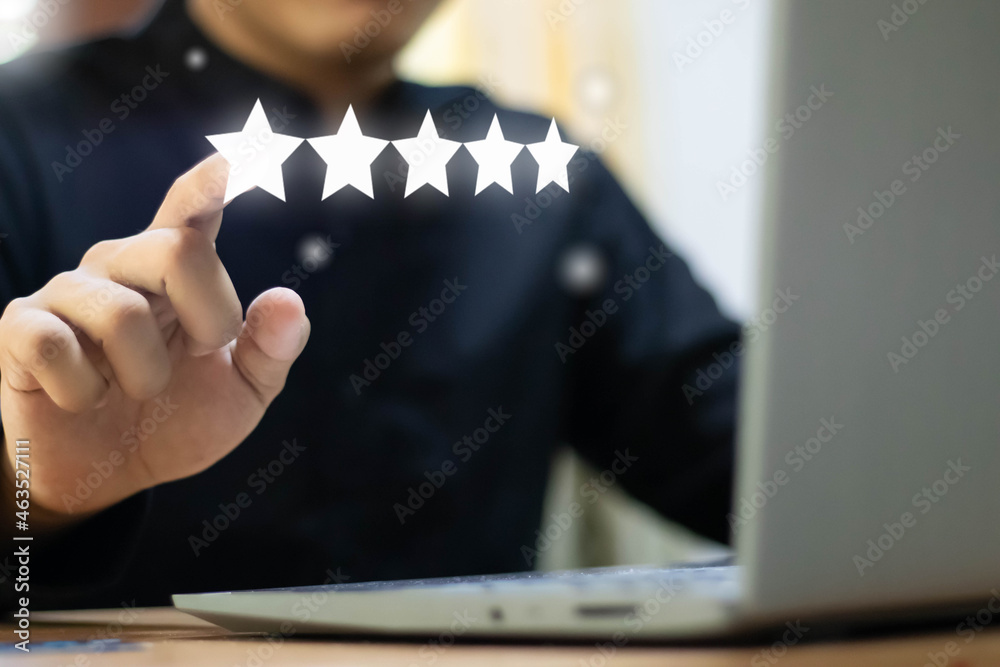 Customer evaluation feedback. men Giving Positive Review for Client's Satisfaction Surveys. giving a five star rating. Service rating, satisfaction concept, Customer Experience for good services.