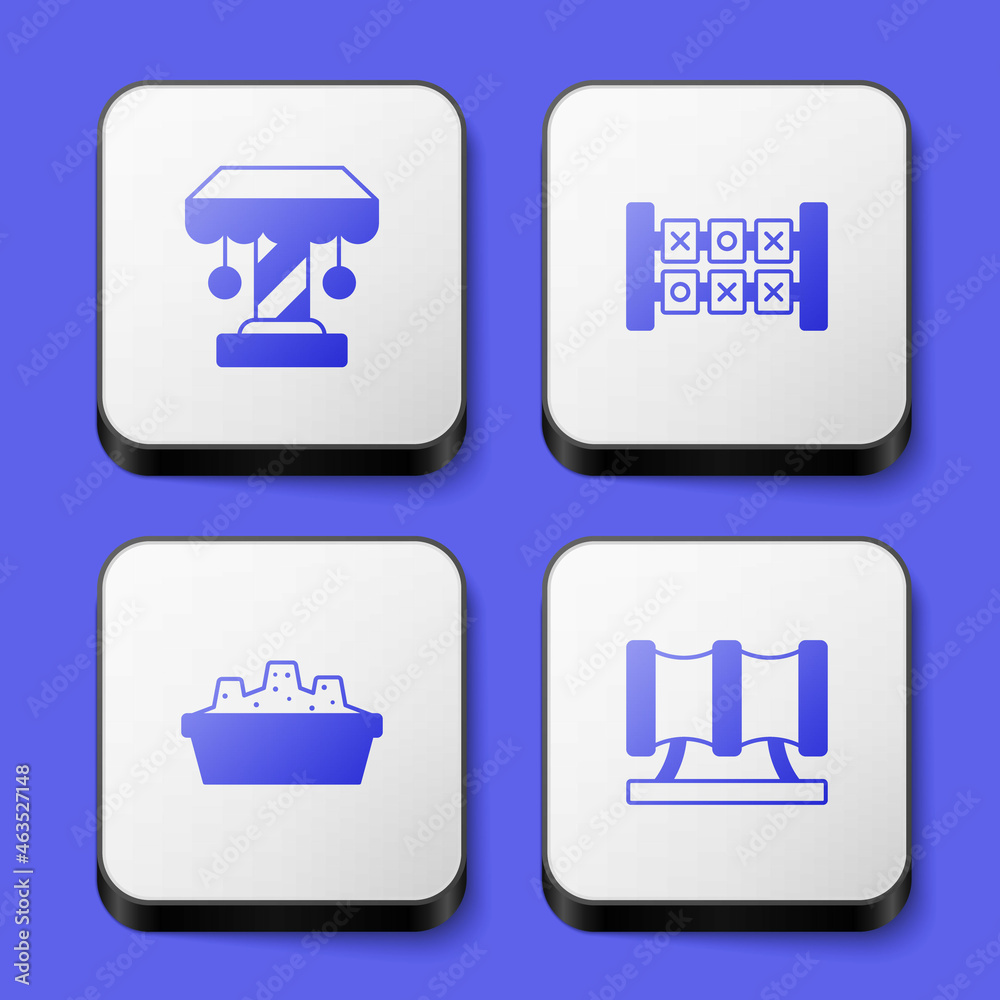 Set Attraction carousel, Education logic game, Sandbox with sand and Kid playground slide pipe icon. White square button. Vector Set Attraction carousel, Education logic game, Sandbox with sand and Kid playground slide pipe icon. White square button. Vector