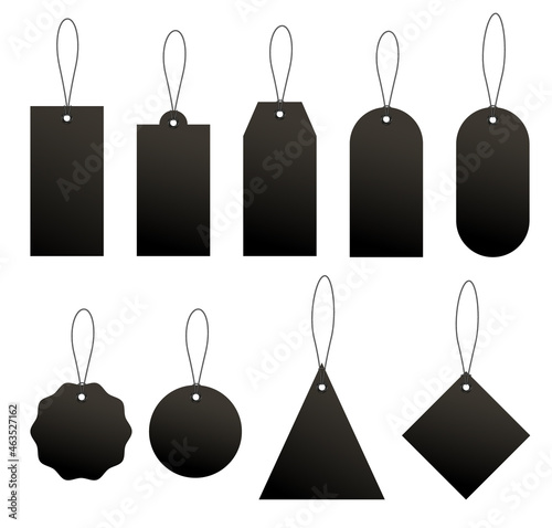 Set of black price or luggage tags of various shapes with rope. Vector illustration.