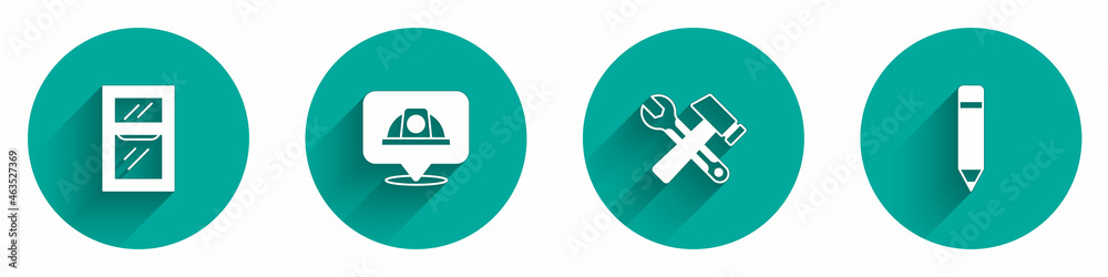 Set Window in room, Worker safety helmet, Hammer and wrench spanner and Pencil with eraser icon with long shadow. Vector Set Window in room, Worker safety helmet, Hammer and wrench spanner and Pencil with eraser icon with long shadow. Vector