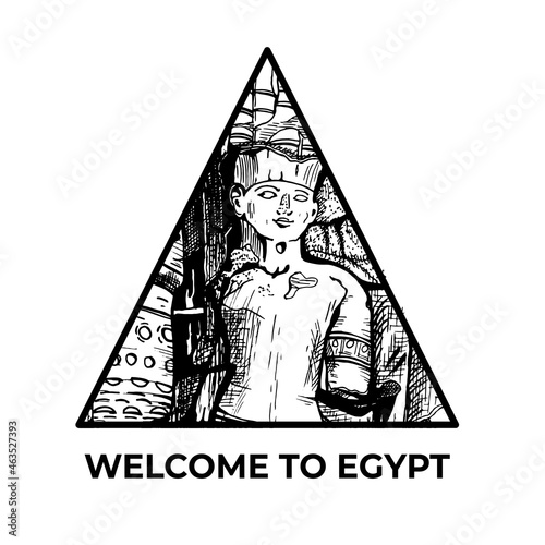 sculpture of the pharaoh in triangular frame. welcome to egypt. vector. sketch. eps