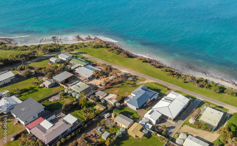 Emu Bay coastline aerial view on a sunny day, Kangaroo Island, Australia