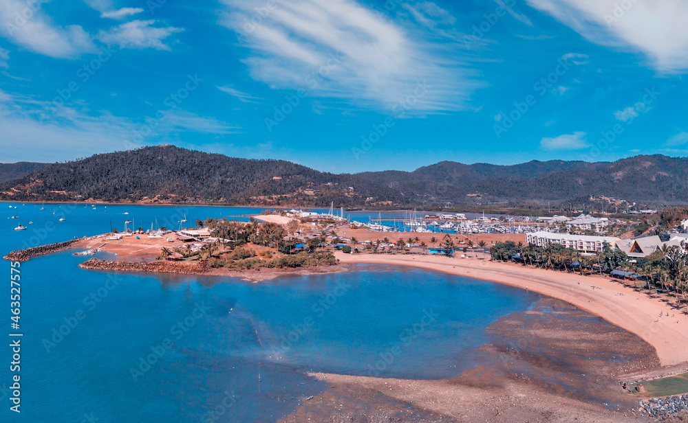 Panoramic aerial view of Airlie Beach on a beautiful sunny day