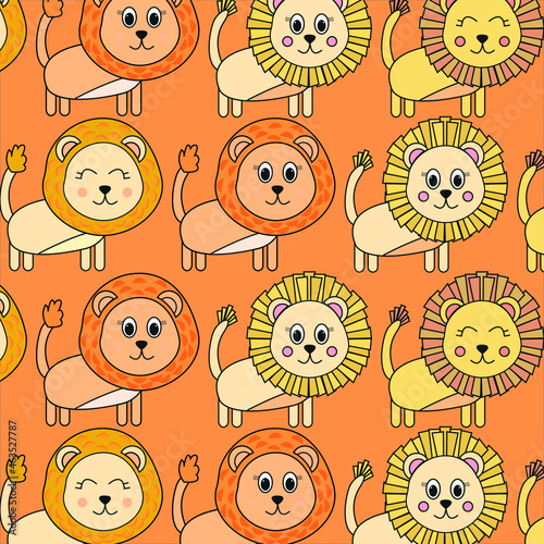 Lions pattern on a orange background. Cute animals