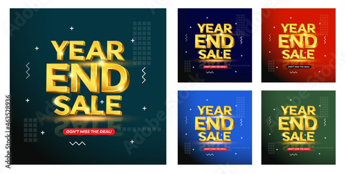 Year end sale, glossy gold text vector in 3d style isolated on variation background colours with reflection for marketing design